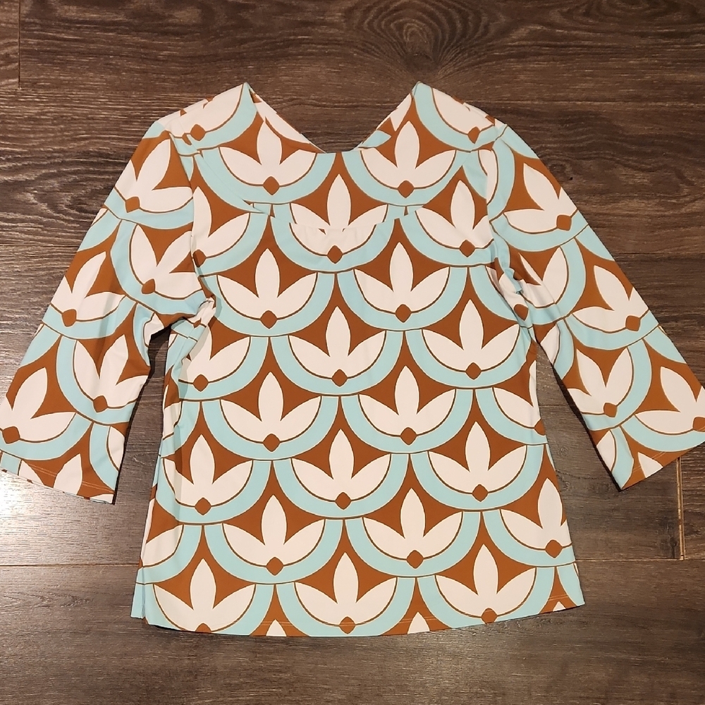 ❤️ NWOT! J. MCLAUGHLIN CATALINA CLOTH AQUA WHITE BROWN TOP, LARGE